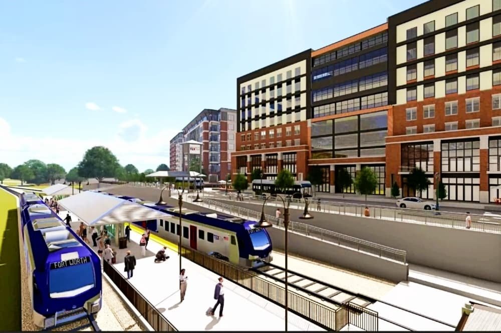 Conceptual rendering of transit-oriented development with mixed-use buildings alongside a TEXRail station in Fort Worth's Northside