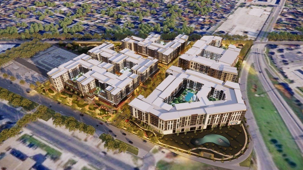 Aerial rendering of the proposed North Loop mixed-use district at Airport Boulevard and Koenig Lane