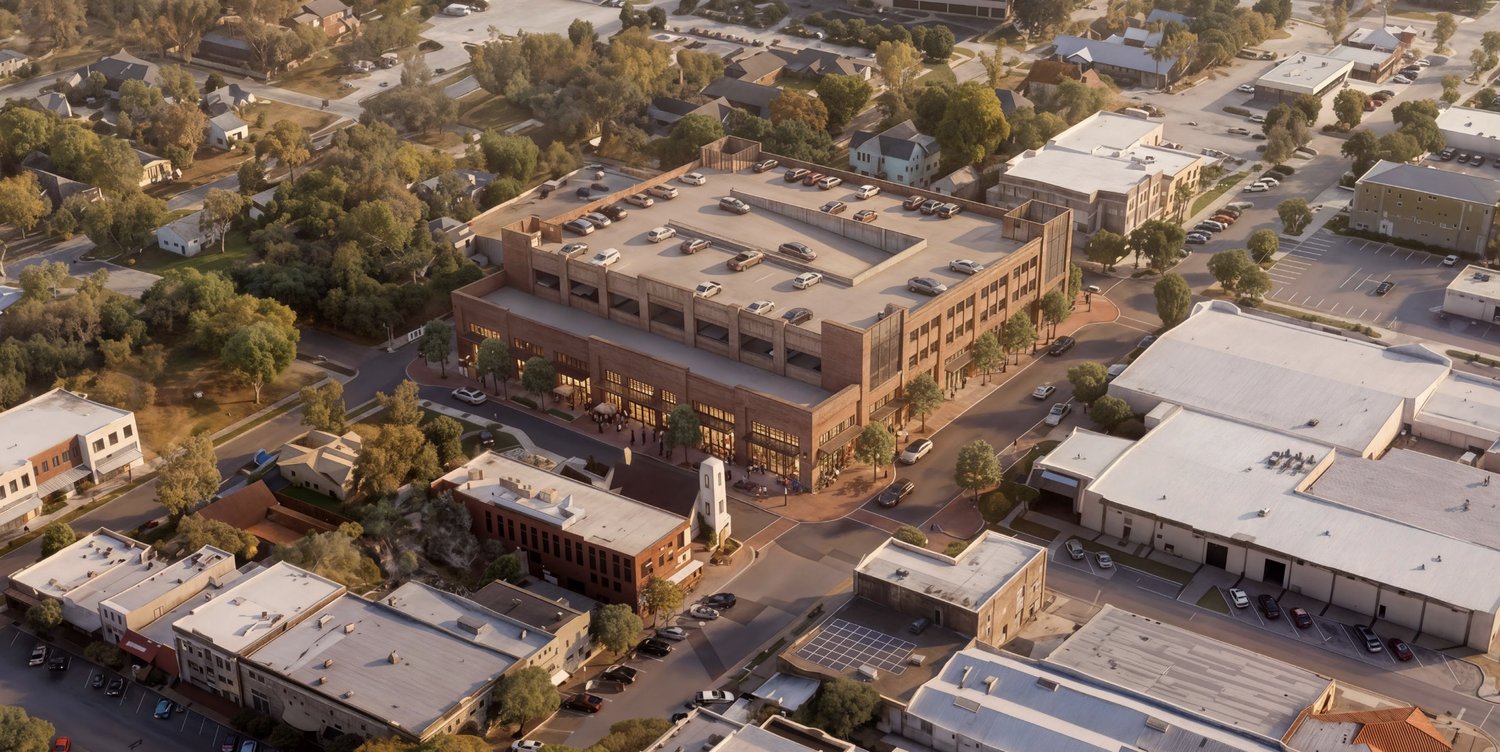 Aerial rendering of the proposed Main Street Parking Garage with ground-floor retail at the Red Poppy Lot in downtown Georgetown