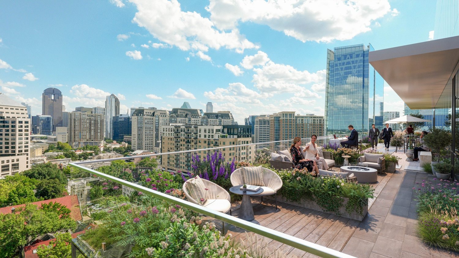 Rendering of the rooftop terrace at 28Hundred Fairmount overlooking Uptown Dallas