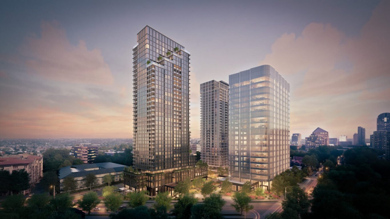 Dusk rendering of The Springs District, with the 28Hundred Fairmount office tower at right (SOM)
