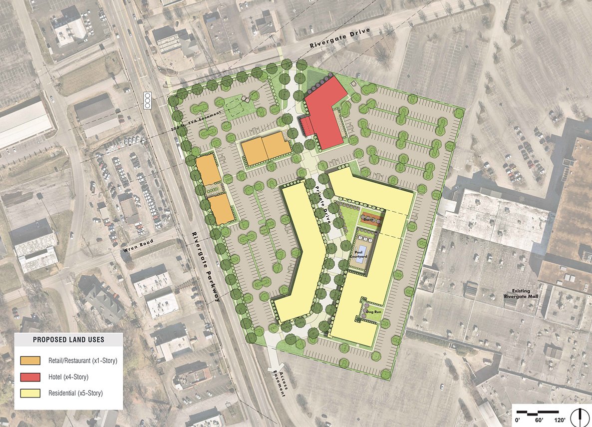 Site plan for the Rivergate Mall redevelopment showing proposed retail, hotel, and residential uses