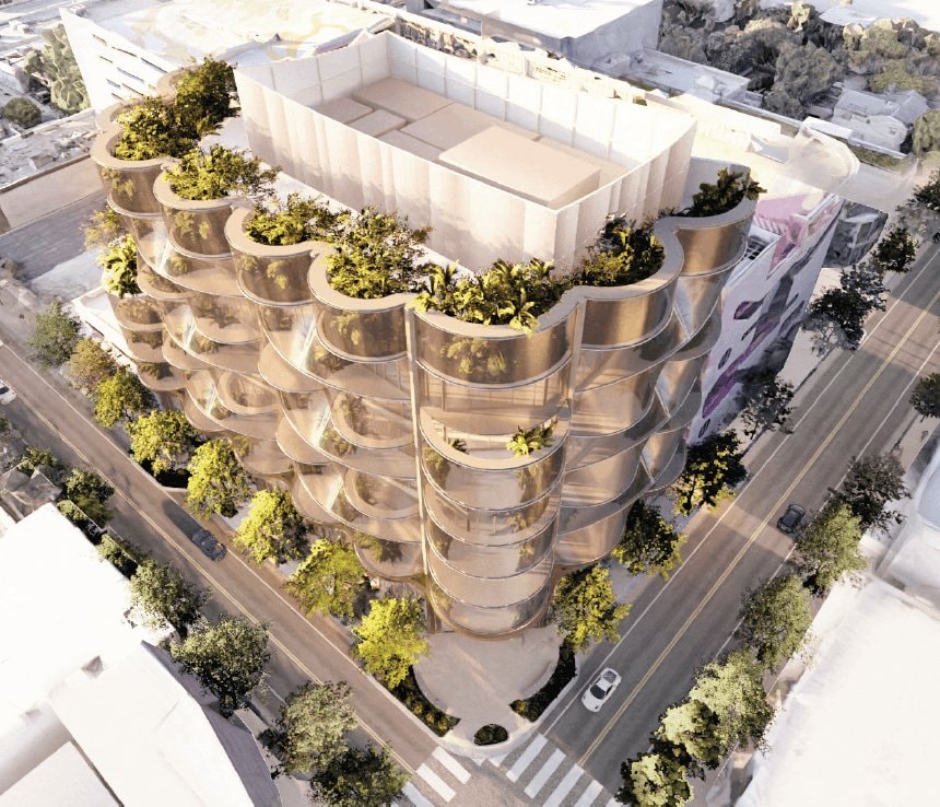 Aerial rendering of Sweetbird North showing its terraced, planted facade