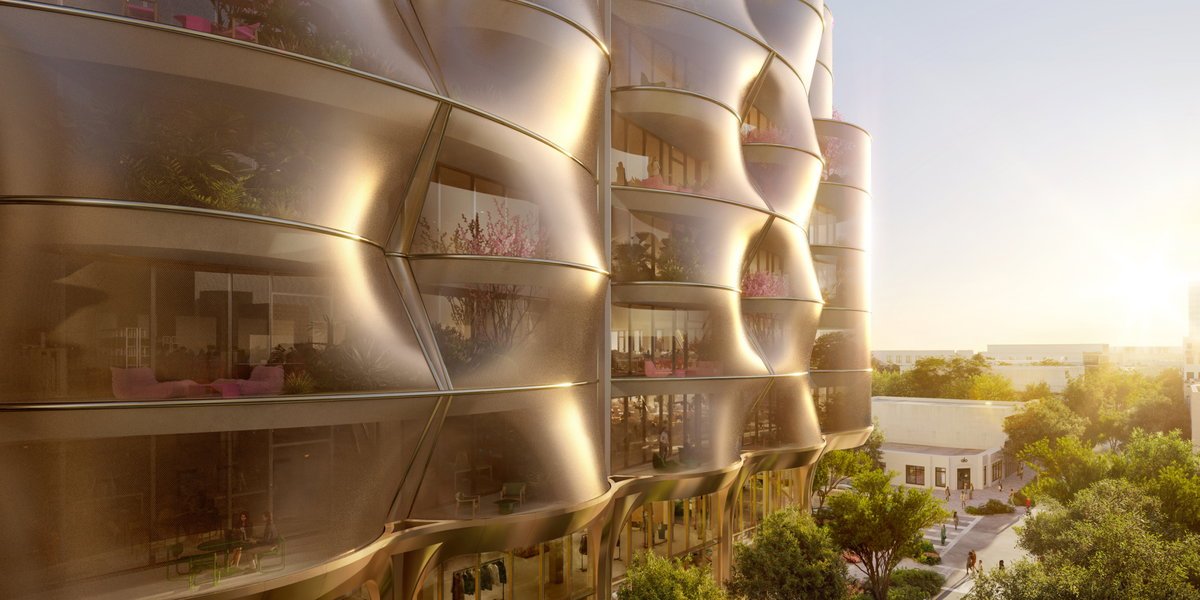 Detail rendering of Sweetbird North's mesh-covered facade