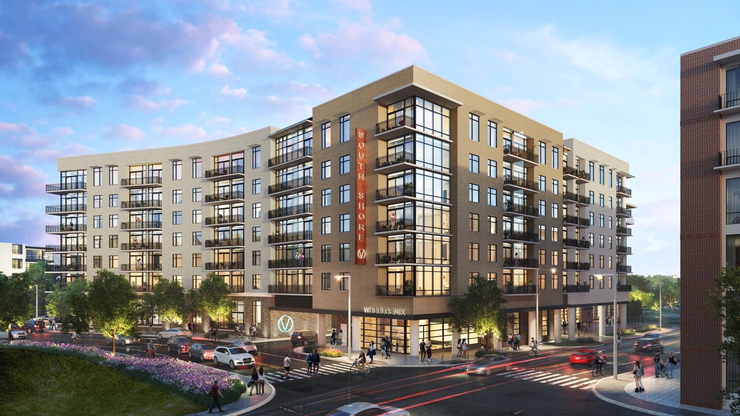 Rendering of the South Shore apartments at the 1404 East Riverside PUD & South Shore PUD Addition, showing ground-floor retail along E. Riverside Drive