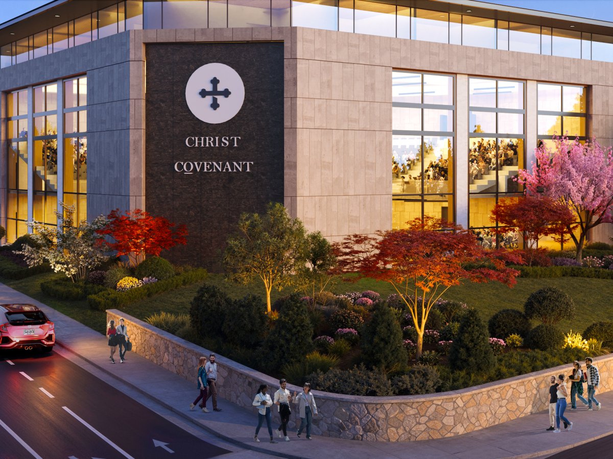 Close-up rendering of the Christ Covenant Church entry and landscaped plaza