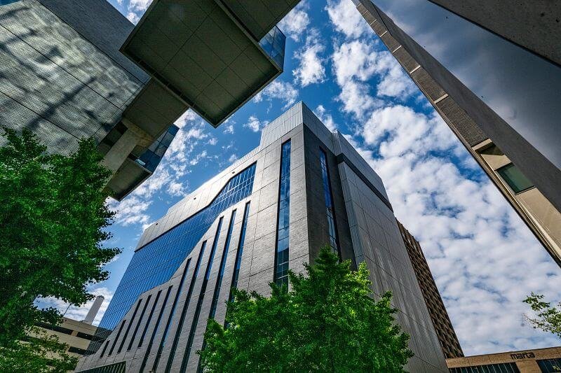 Looking up at the completed GSU Research Tower from the Science Park plaza