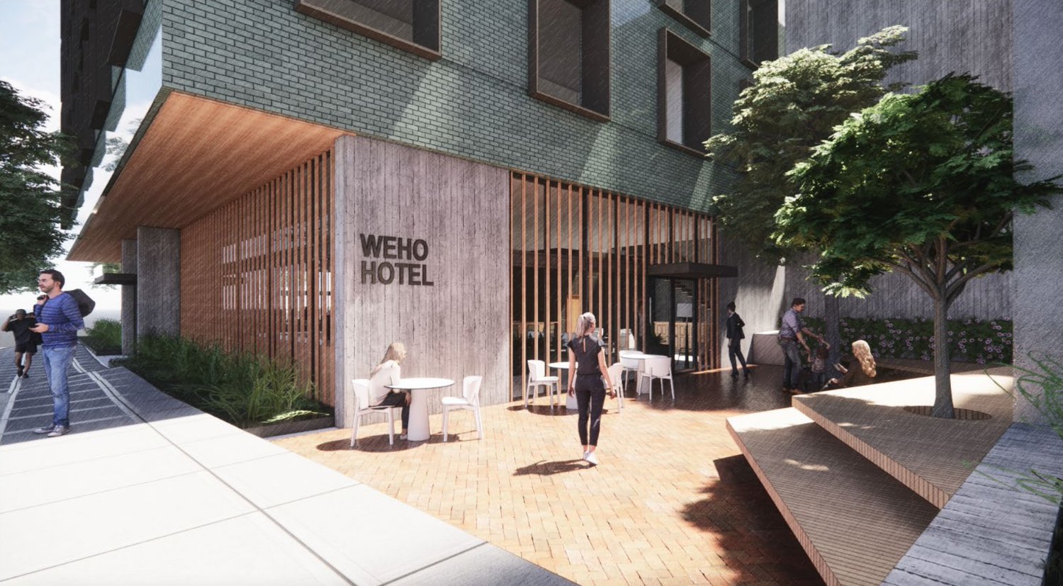 Rendering of the hotel entrance at Martin & Merritt in Wedgewood-Houston