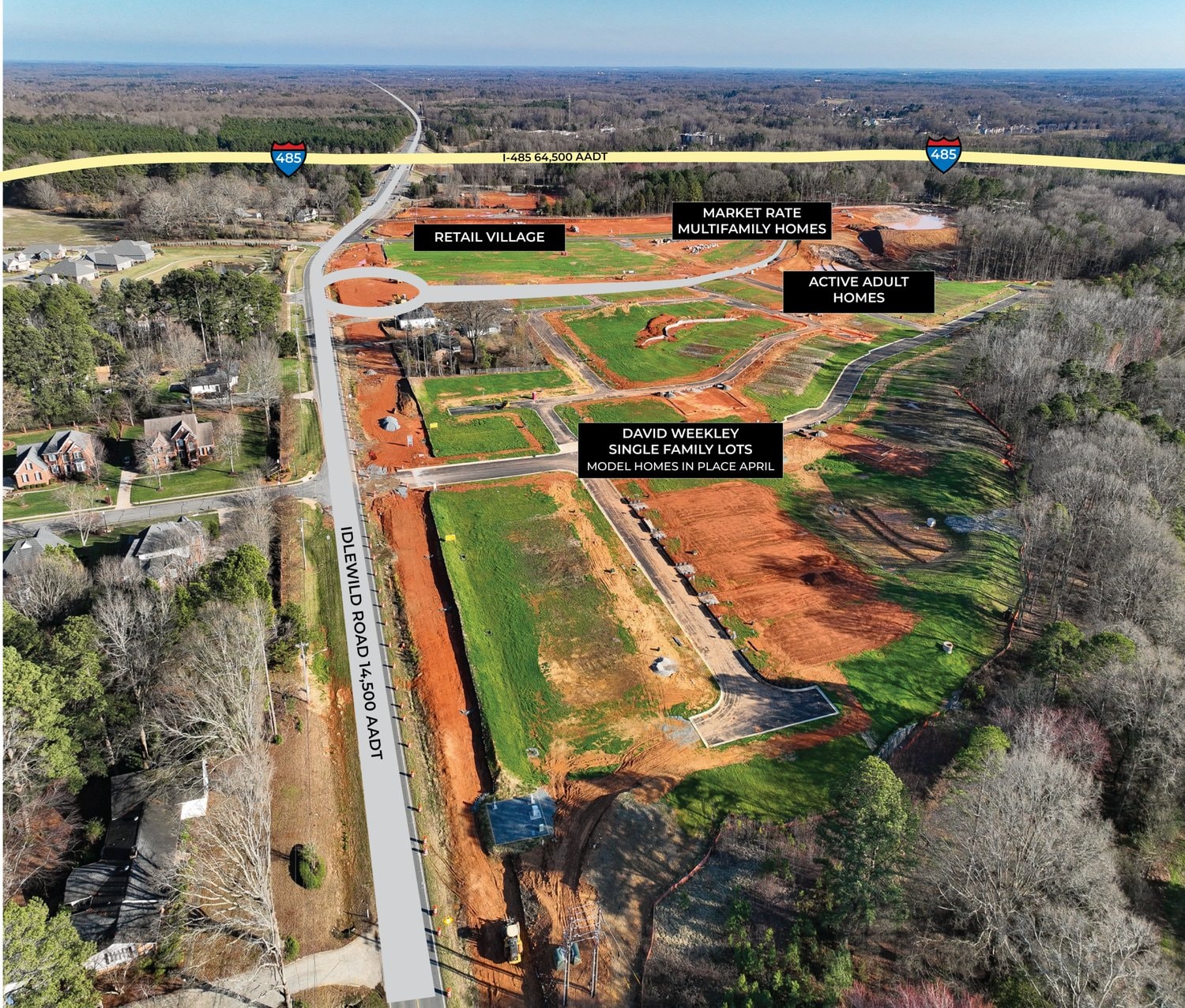 Aerial view of the Cadia Village Matthews site under construction along Idlewild Road