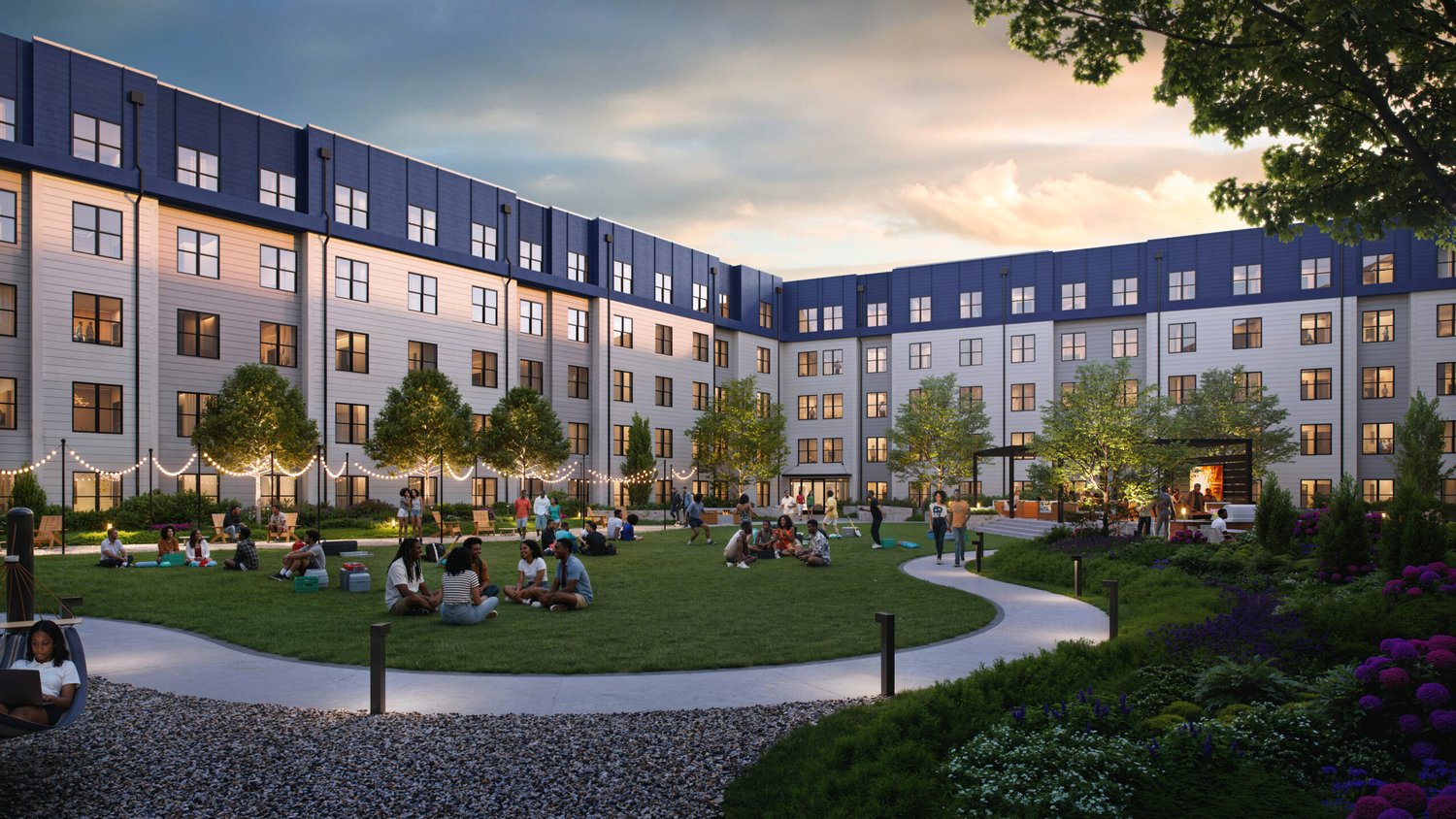 Rendering of the interior courtyard and amenity lawn at the Morehouse & Spelman student housing