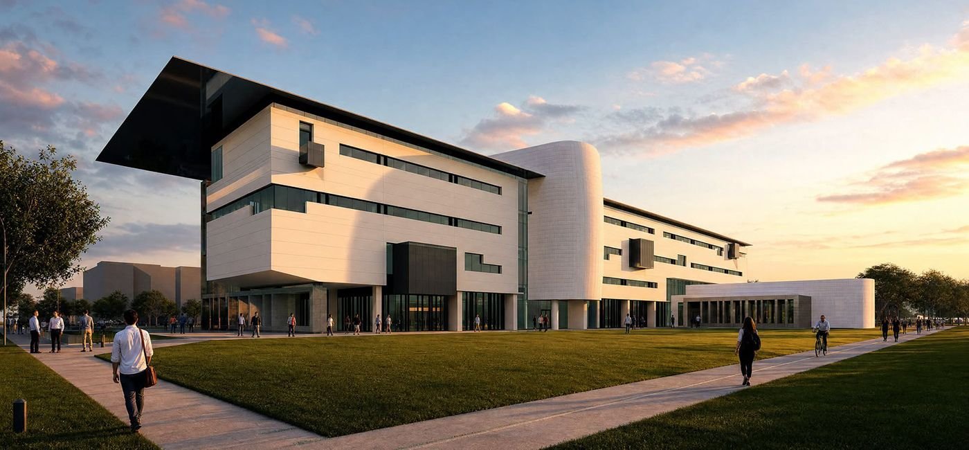 Rendering of the proposed USF Bellini College of Artificial Intelligence, Cybersecurity and Computing building at dusk