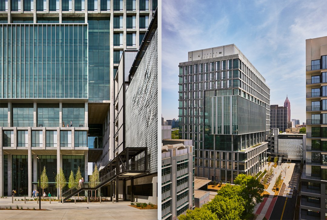Facade detail and skyline view of Science Square Labs, with the Midtown Atlanta skyline beyond