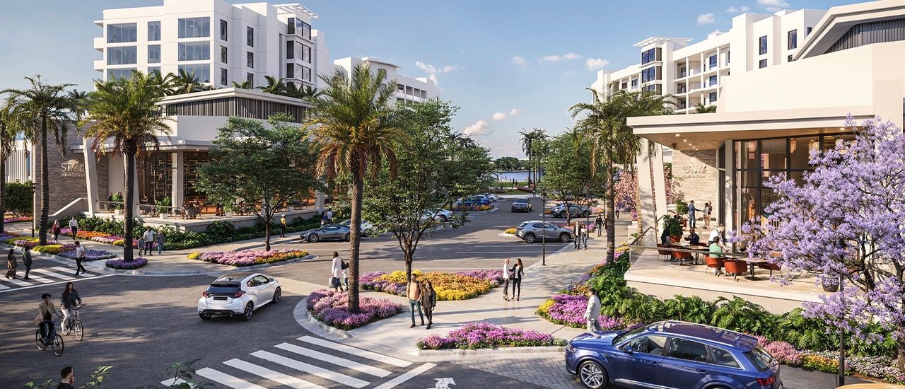 Street-level rendering of Water Club St. Pete Beach along Corey Avenue, with ground-floor retail and residences above (Image: Kolter Urban)