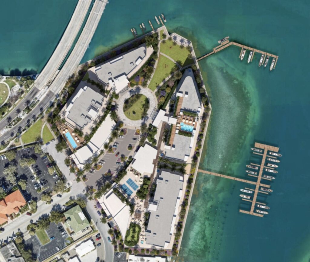 Aerial site plan rendering of Water Club St. Pete Beach showing the waterfront grounds and marina docks