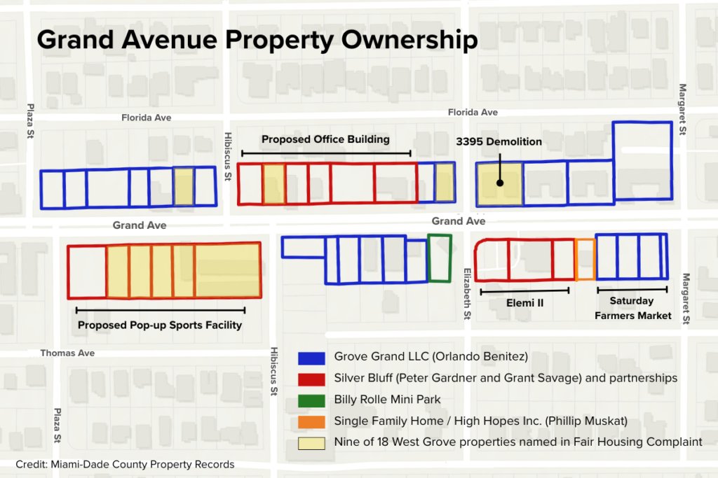 Map of Grand Avenue property ownership showing the West Grove parcels included in the proposed rezoning