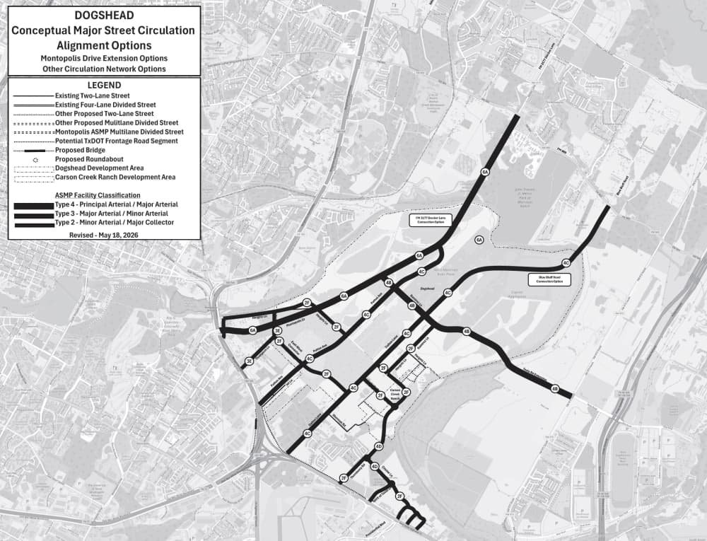 Conceptual major street circulation plan for the Dog's Head development, showing Montopolis Drive extension options