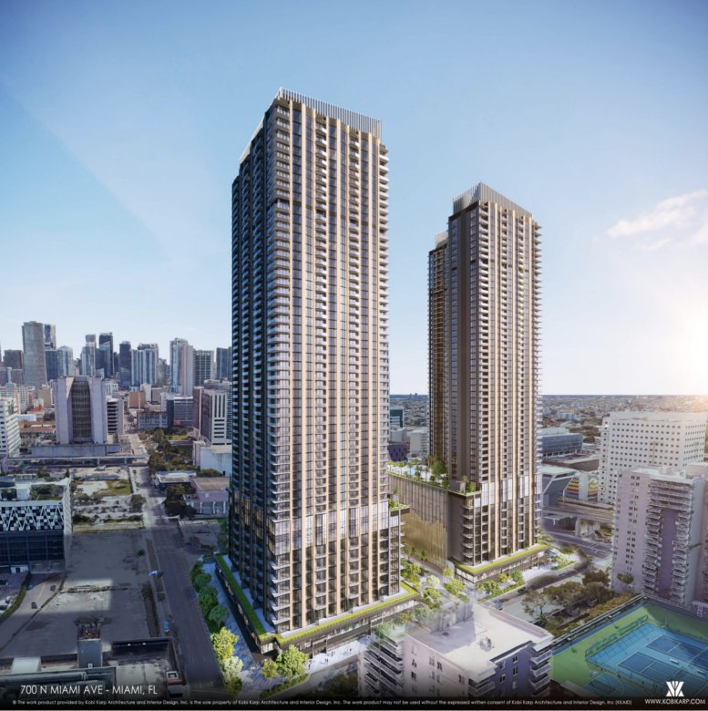 Rendering of the twin towers at 700 North Miami Avenue, designed by Kobi Karp Architecture