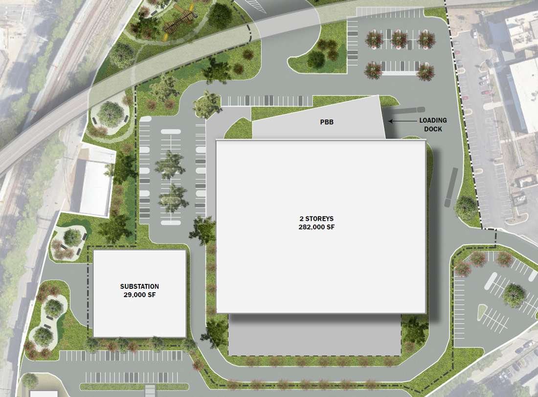 Site plan for the Digital Realty West End data center showing the 282,000-square-foot building and substation