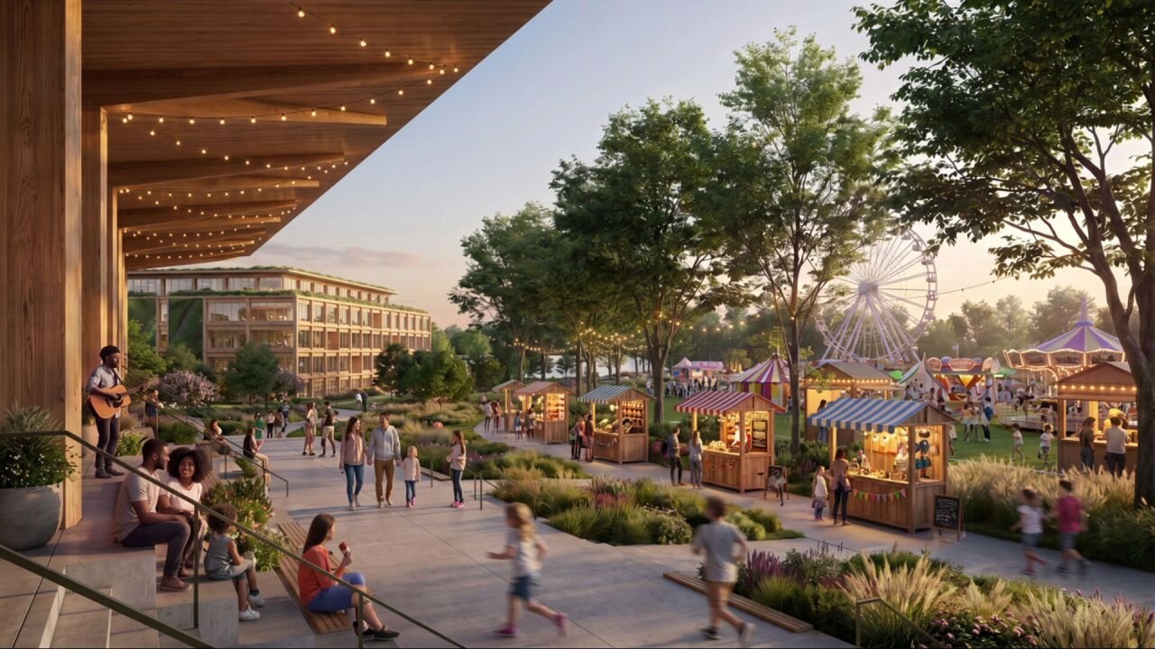 Rendering of the Restore Our Fairgrounds coalition's proposed festival plaza and mixed-use redevelopment at the Nashville Fairgrounds