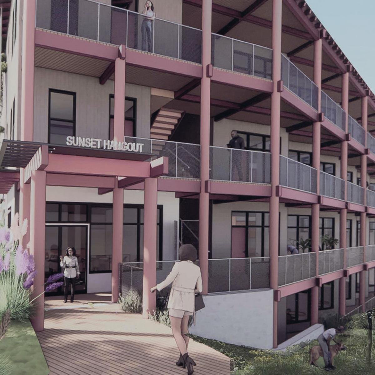 Close-up rendering of the proposed affordable housing community space in English Avenue