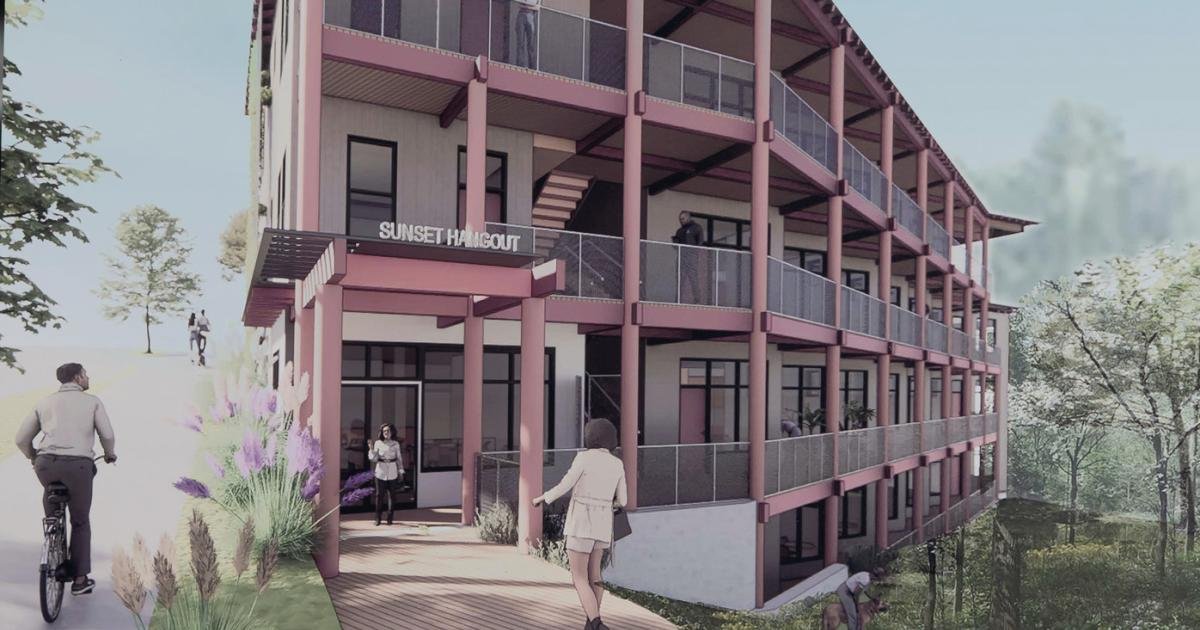 Rendering of a proposed affordable housing building with community space in English Avenue