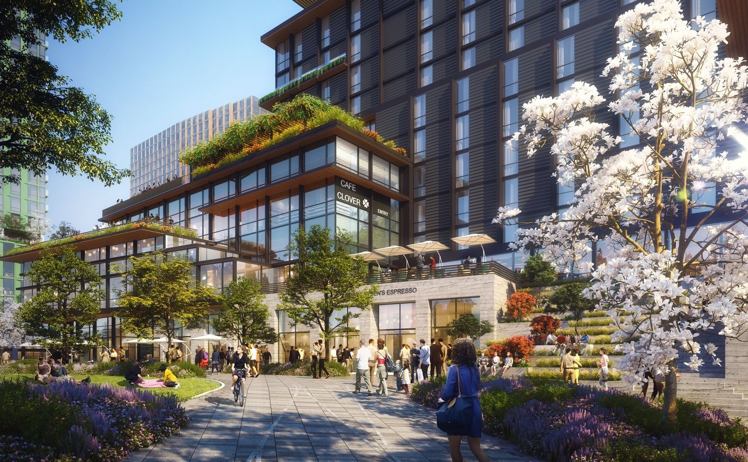 Rendering of the public green and cafe pavilion at Station East