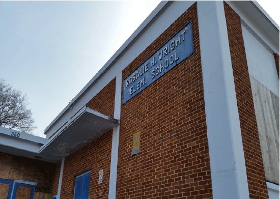 Signage on the former Rosalie H. Wright Elementary School building