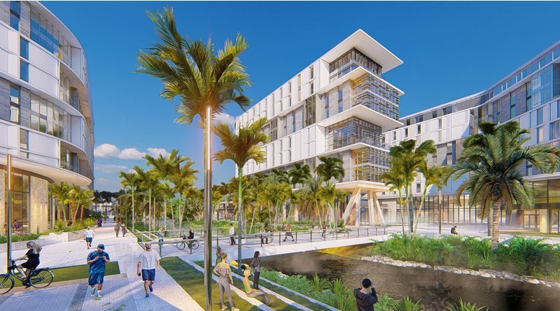 Street-level rendering of the Centennial Village residences along the campus lake in Coral Gables