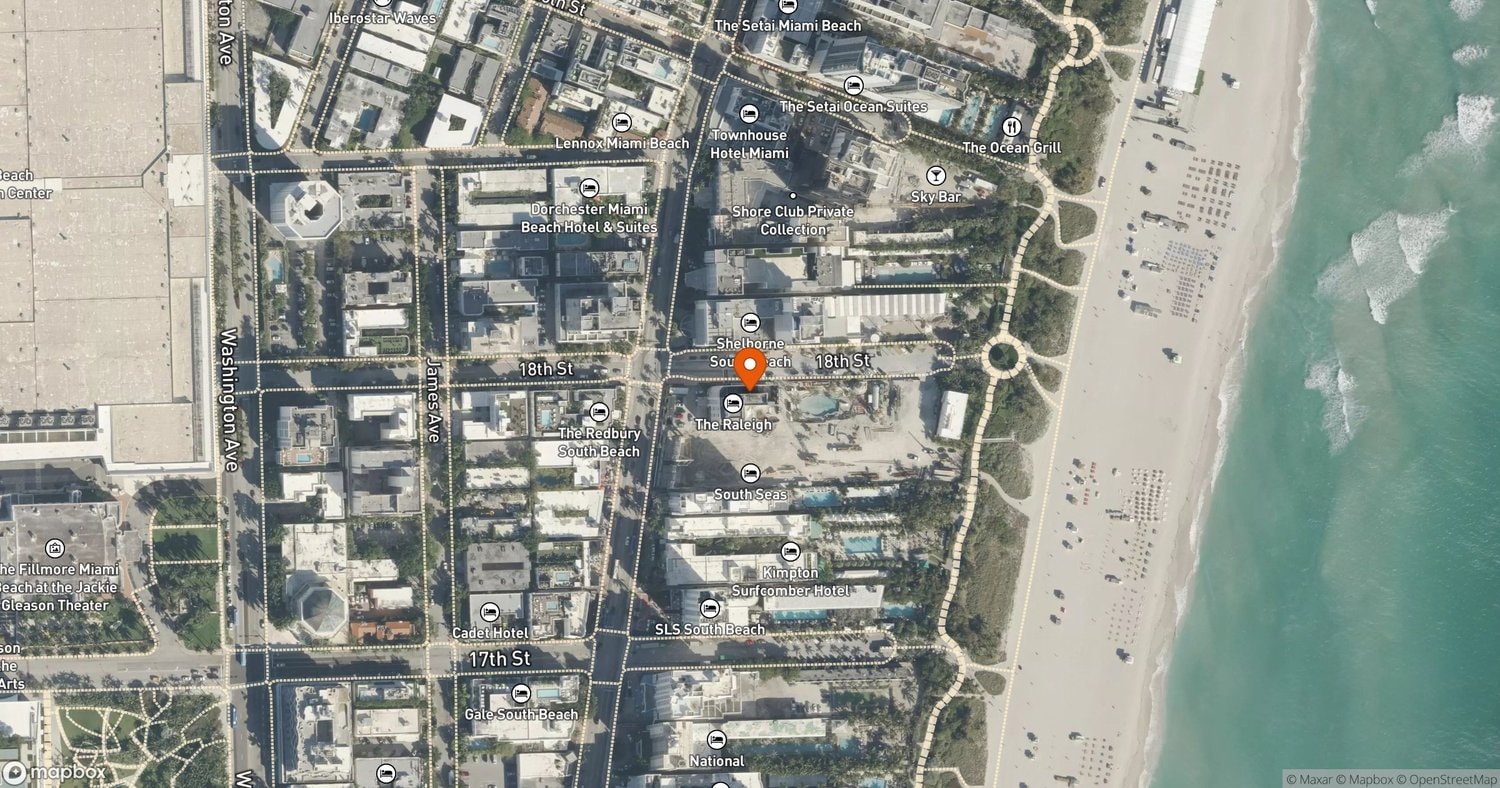 Site of The Raleigh, A Rosewood Hotel & Residences at 1775 Collins Avenue, Miami Beach, FL