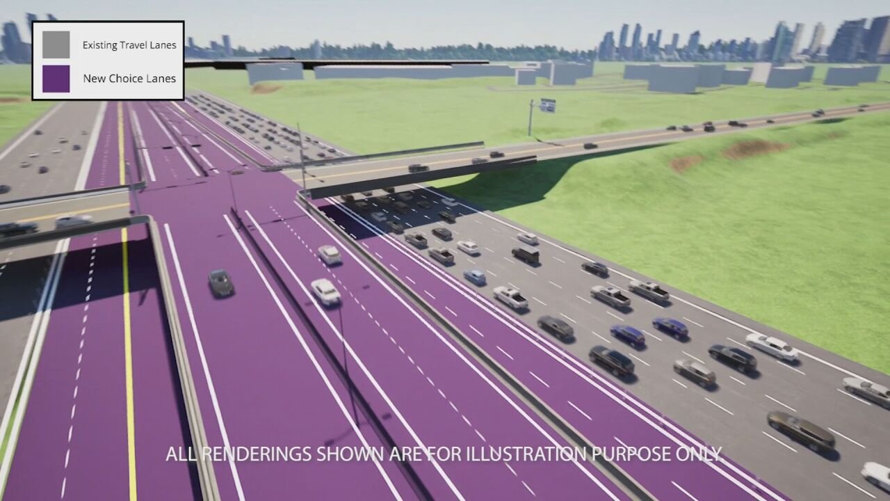 Conceptual rendering showing new Choice Lanes (purple) alongside existing travel lanes on the I-24 corridor