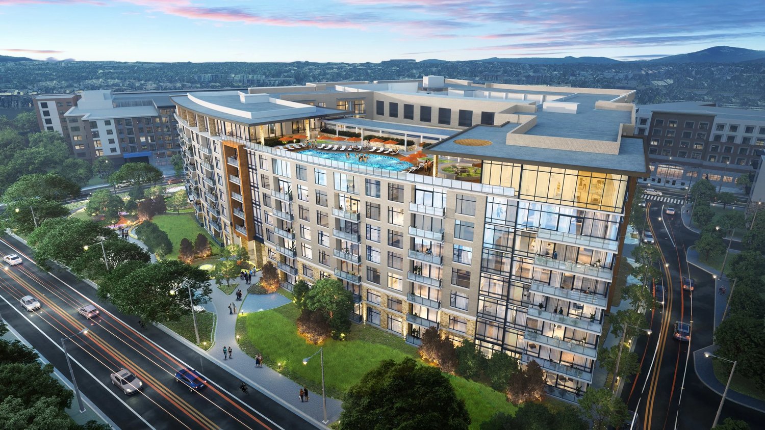 Aerial rendering of the South Shore PUD Addition showing the rooftop pool and amenity deck