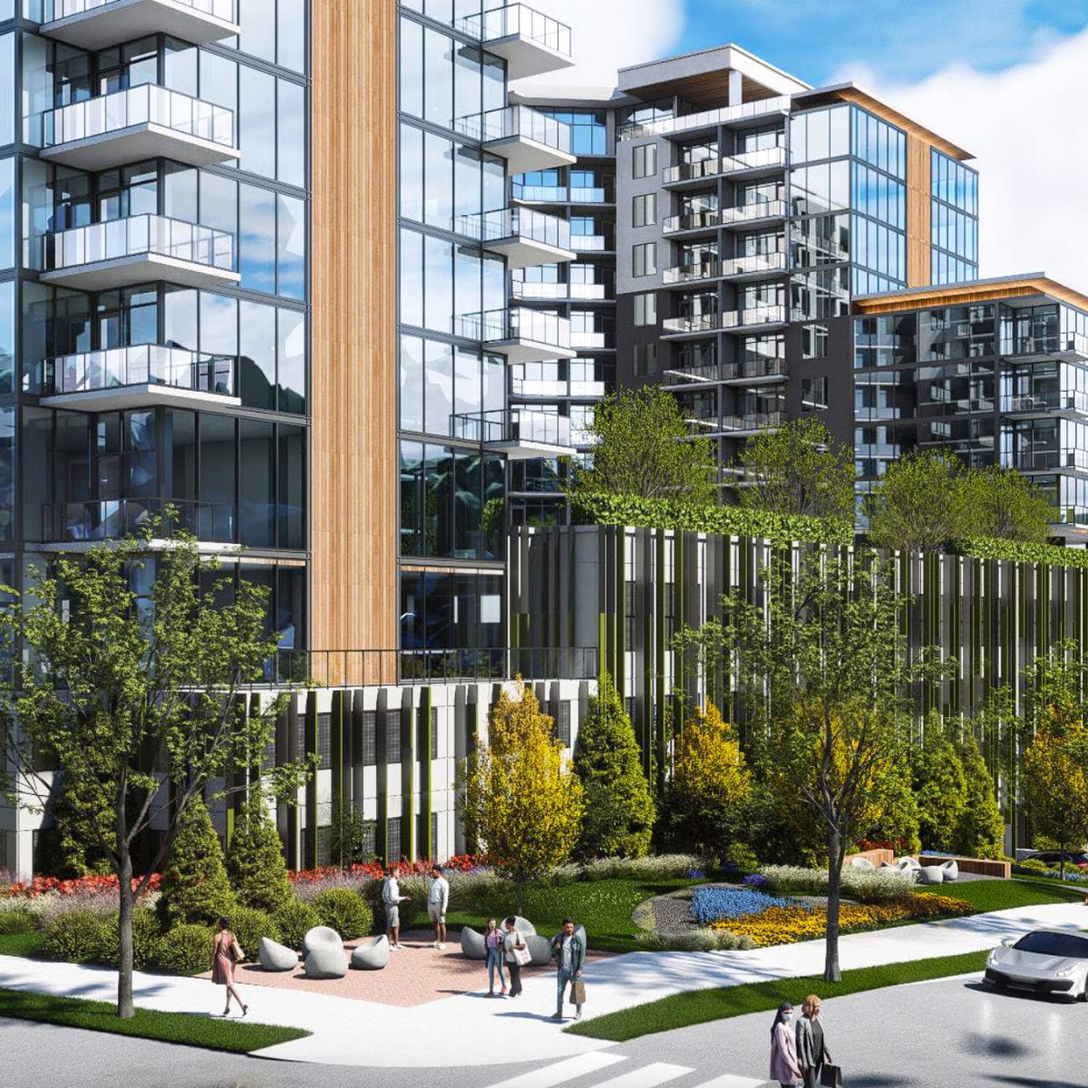 Street-level rendering of the landscaped plaza and residential towers at Selig's 798 Ponce de Leon redevelopment