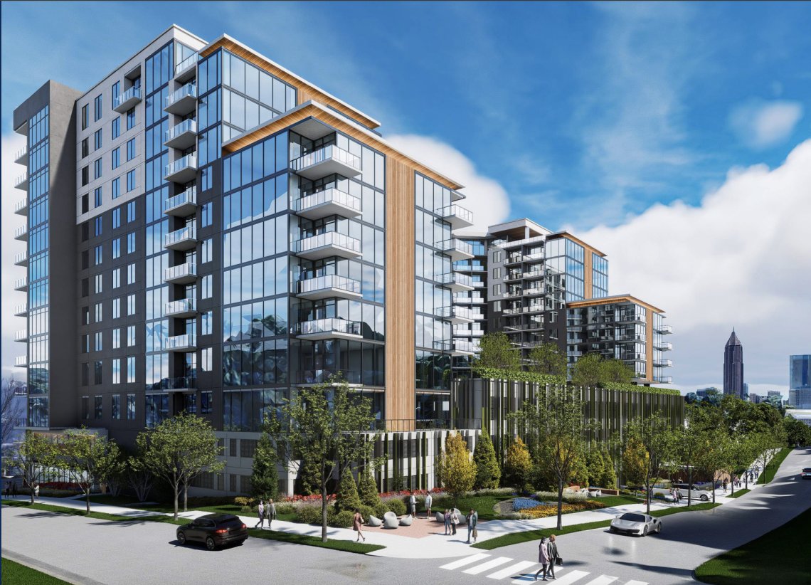 Rendering of Selig Enterprises' mixed-use redevelopment at 780-798 Ponce de Leon Ave NE, with Midtown skyline beyond