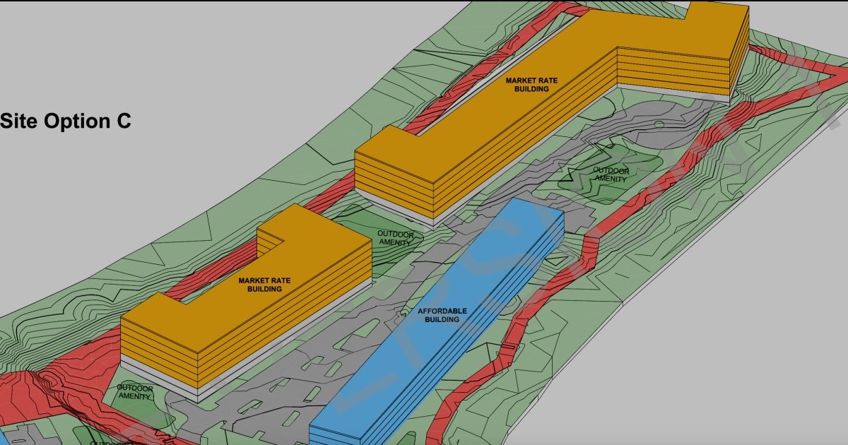 Site Option C massing concept for the Trestletree redevelopment