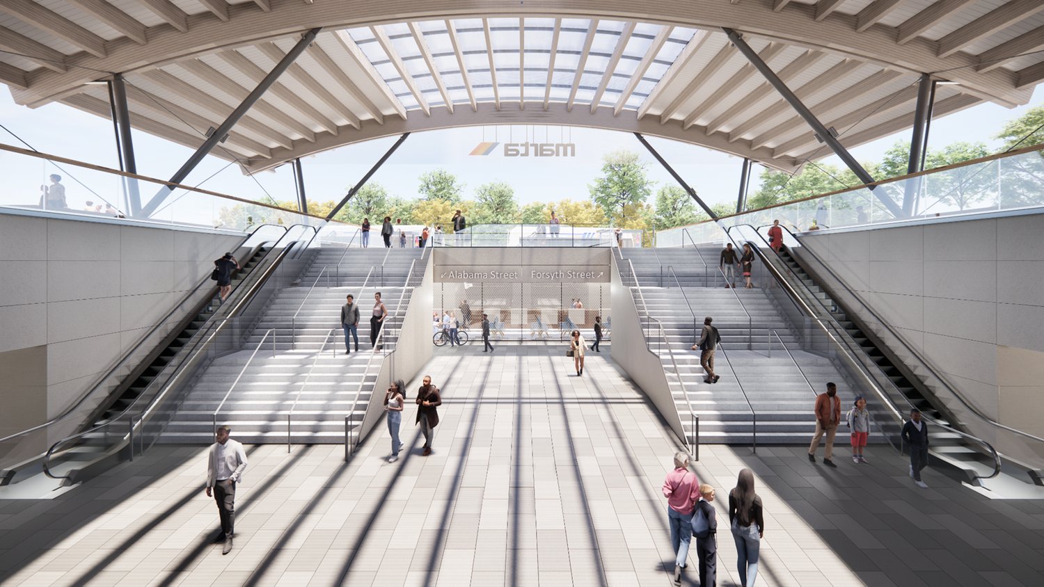 Rendering of the Five Points Station plaza level with escalators connecting to Alabama and Forsyth Streets