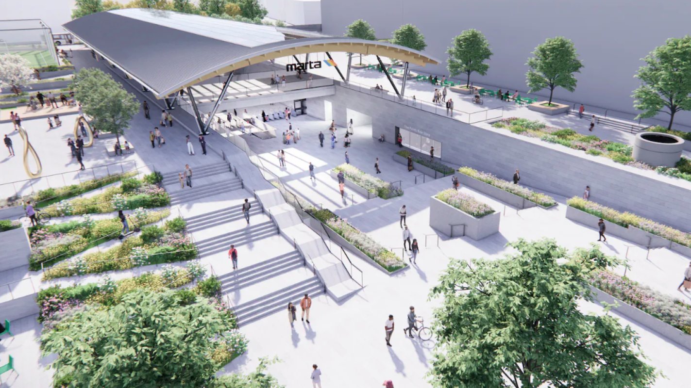 Aerial rendering of the Five Points Station Transformation showing the new canopy and terraced public plaza