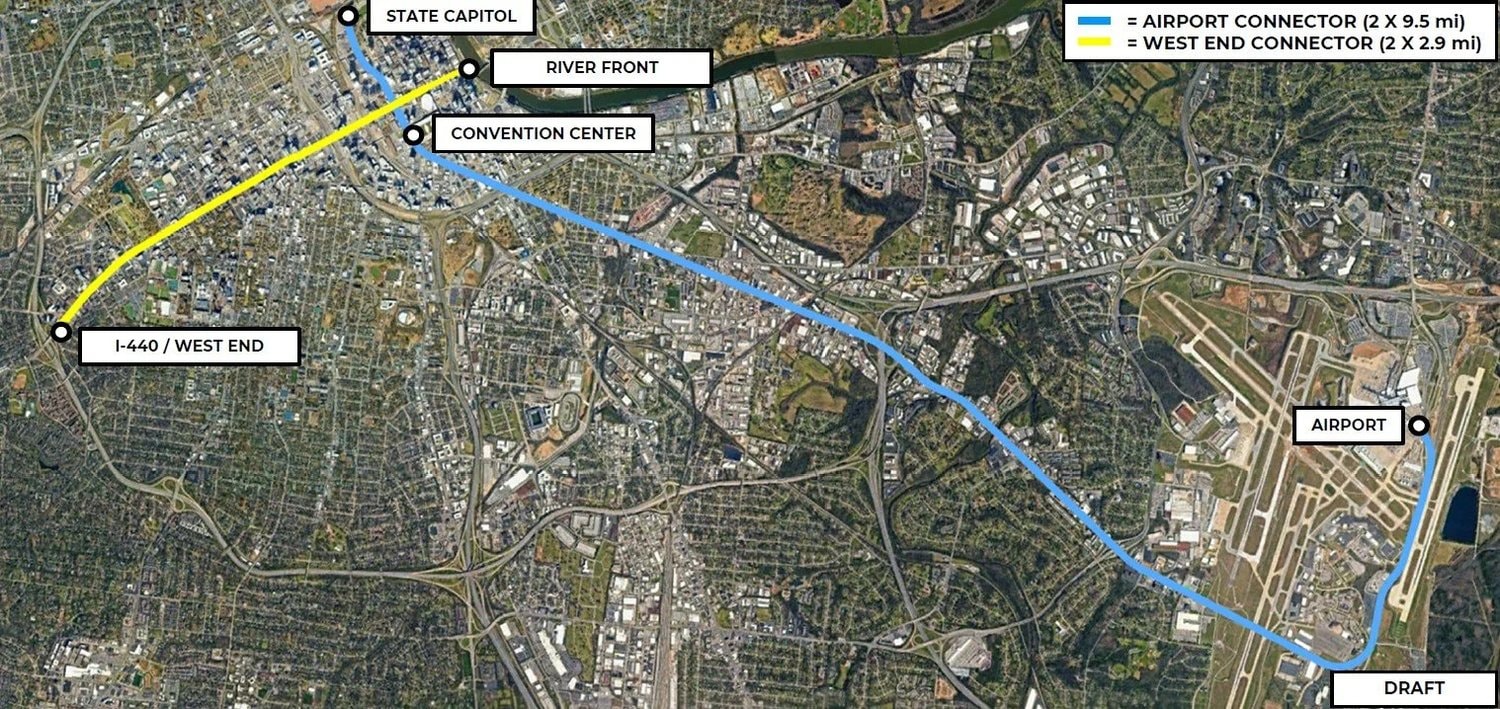 Draft route map for the Music City Loop showing connectors between downtown Nashville, the airport, and the west end