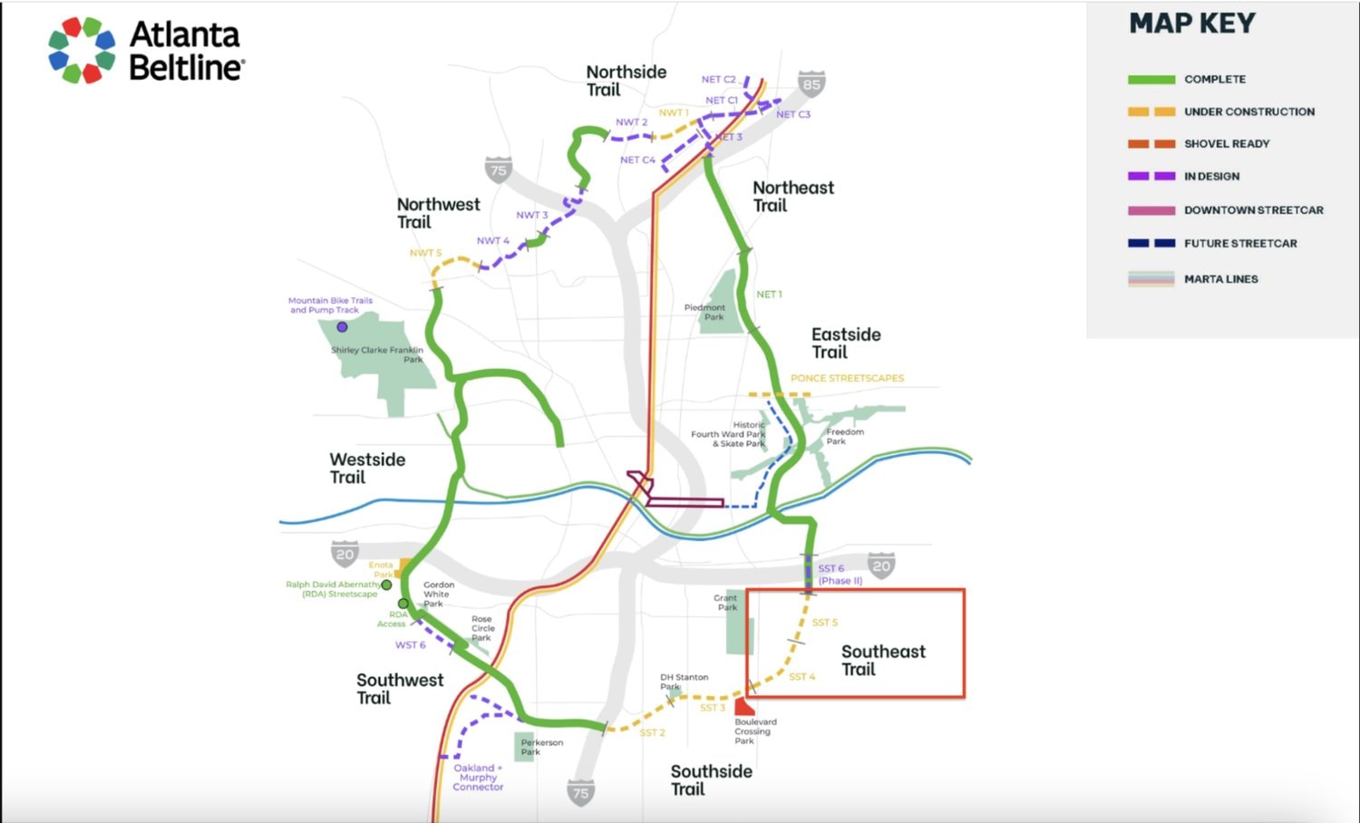 Atlanta Beltline map showing Southside Trail segments, including Segment 6