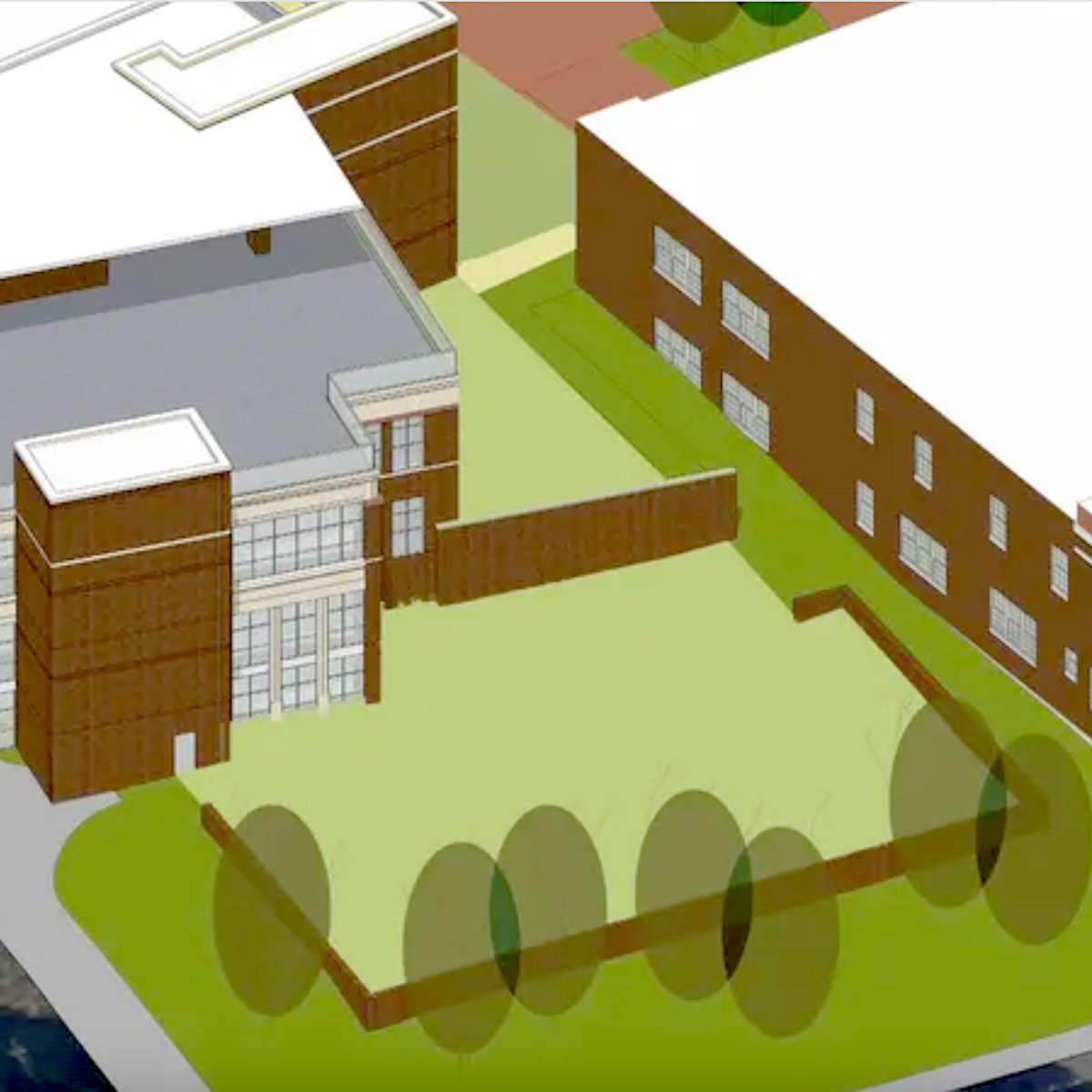Detailed aerial rendering of the planned addition and fenced play yard at The Temple