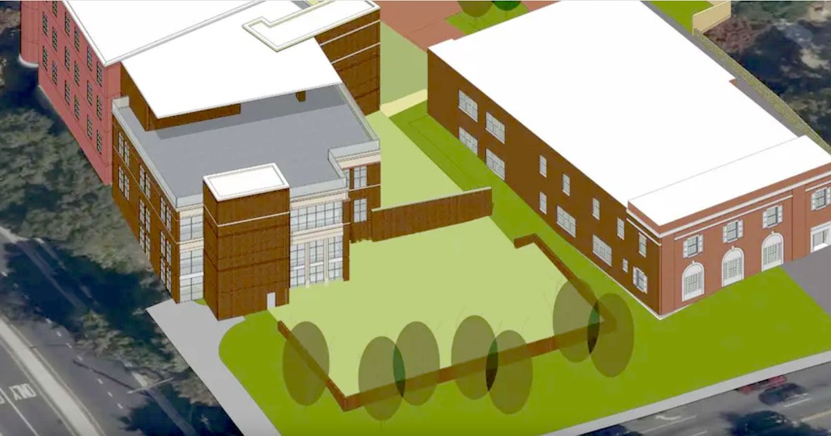 Aerial rendering of The Temple Early Learning Center expansion showing the new courtyard and play yard
