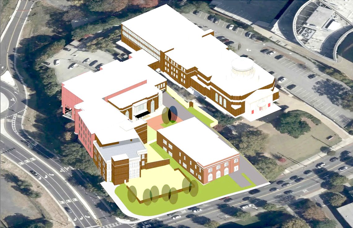 Aerial rendering of The Temple's Midtown campus with the Early Learning Center expansion along Peachtree Street