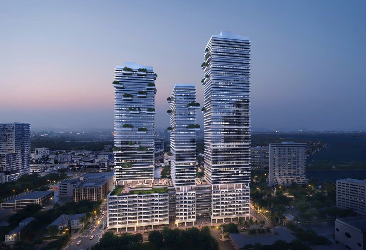 Dusk rendering of 3333 Biscayne showing the tower cluster and shared podium