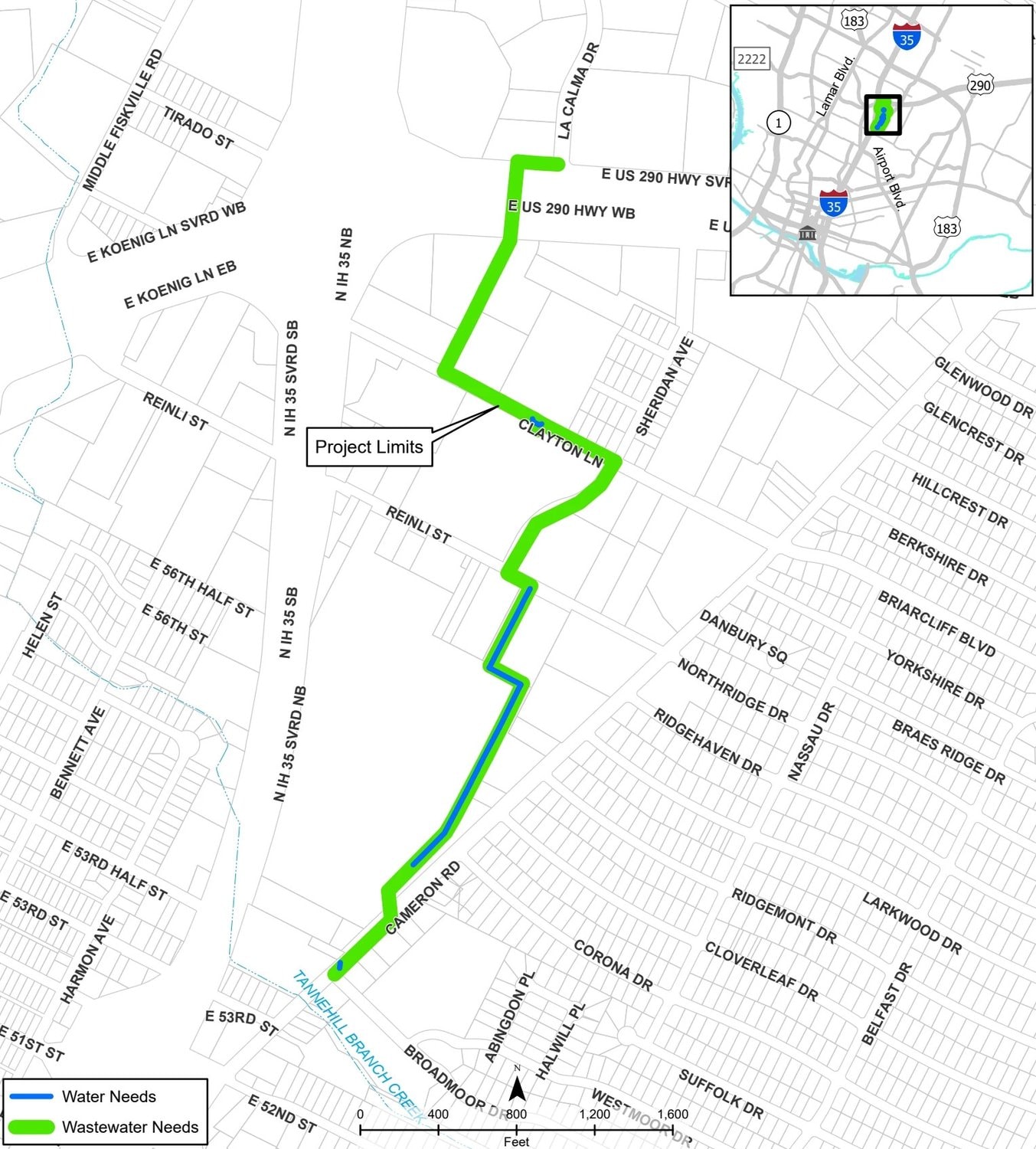 City of Austin map showing project limits for the Cameron Road water and wastewater improvements