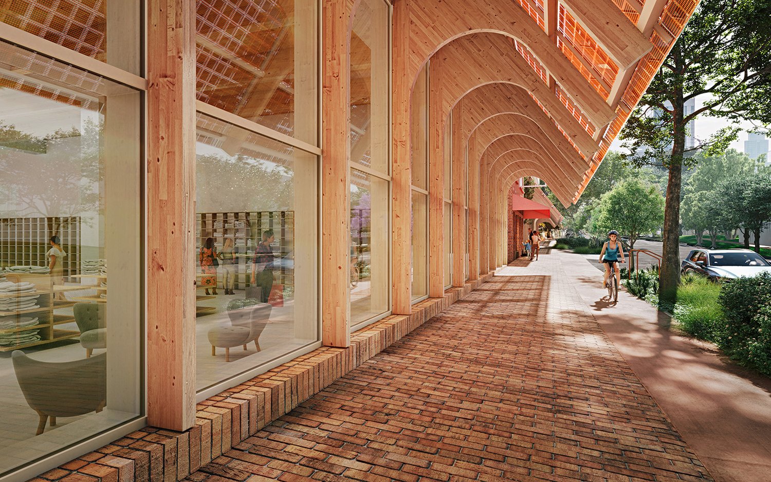 Vaulted timber arcade lining the Sixth&Blanco streetscape
