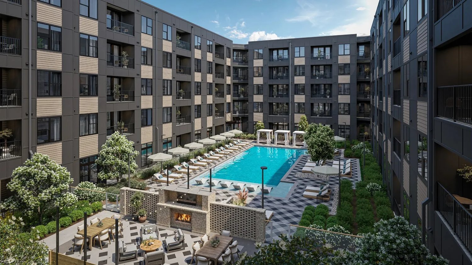 Rendering of the pool courtyard at the Caldwell development in Sandy Springs