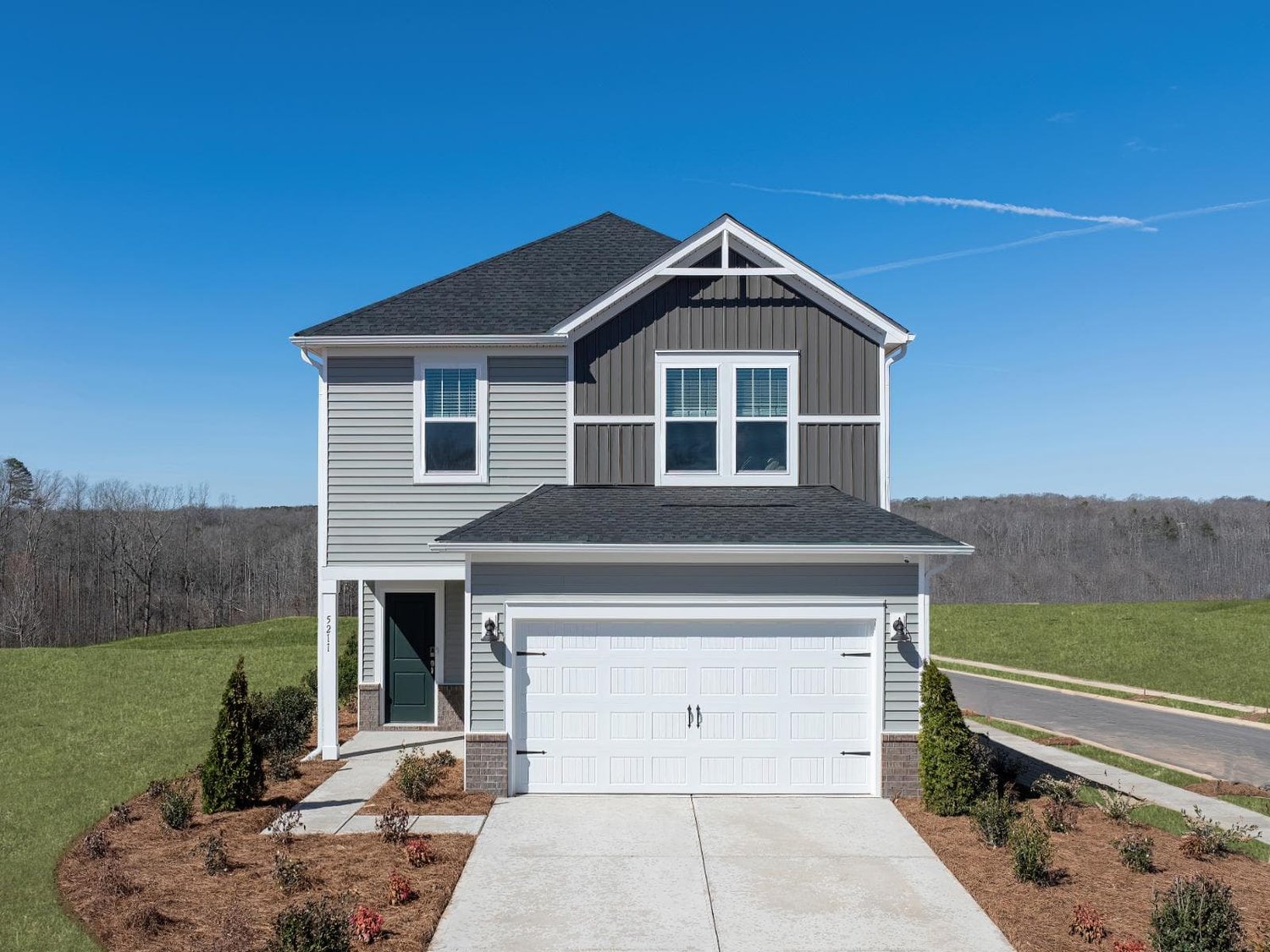 A completed two-story home in the Russell Grove community