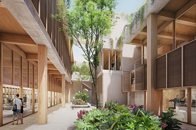 Courtyard view of the proposed timber-framed mixed-use development at 1900 Rosewood Ave