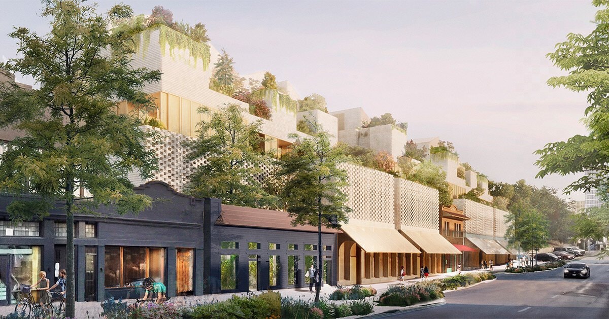 Rendering of the 1900 Rosewood Block mixed-use redevelopment, with new timber construction rising behind preserved Rosewood Avenue storefronts