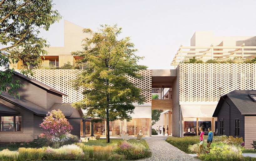 Rendering showing new brick-screened volumes set among preserved structures at the 1900 Rosewood Block redevelopment