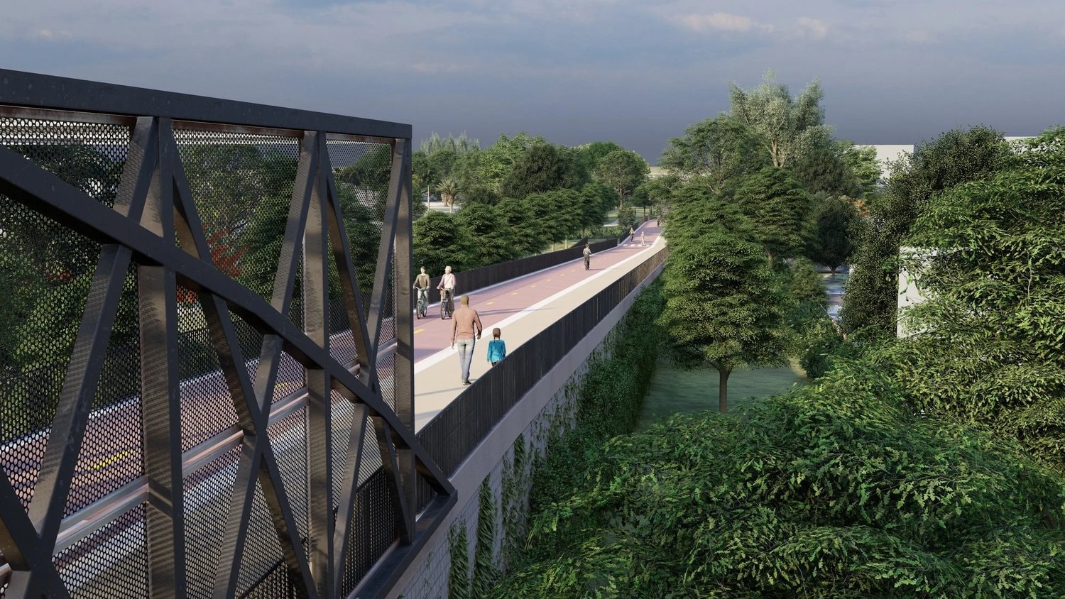 Rendering of an elevated bridge segment of the Ludlam Trail shared-use path